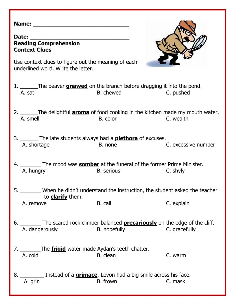 Context Clues Worksheets Multiple Choice With Answers Pdf Printable