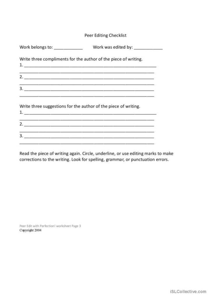 Peer Editing Checklist Sheet Creativ English ESL Worksheets Pdf Doc