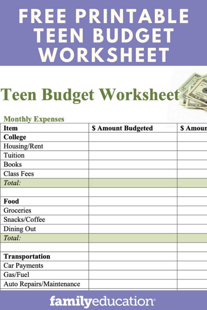 Budget Worksheet For Teenager