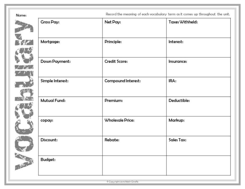 Financial Literacy Printable Worksheets - Printable Worksheets