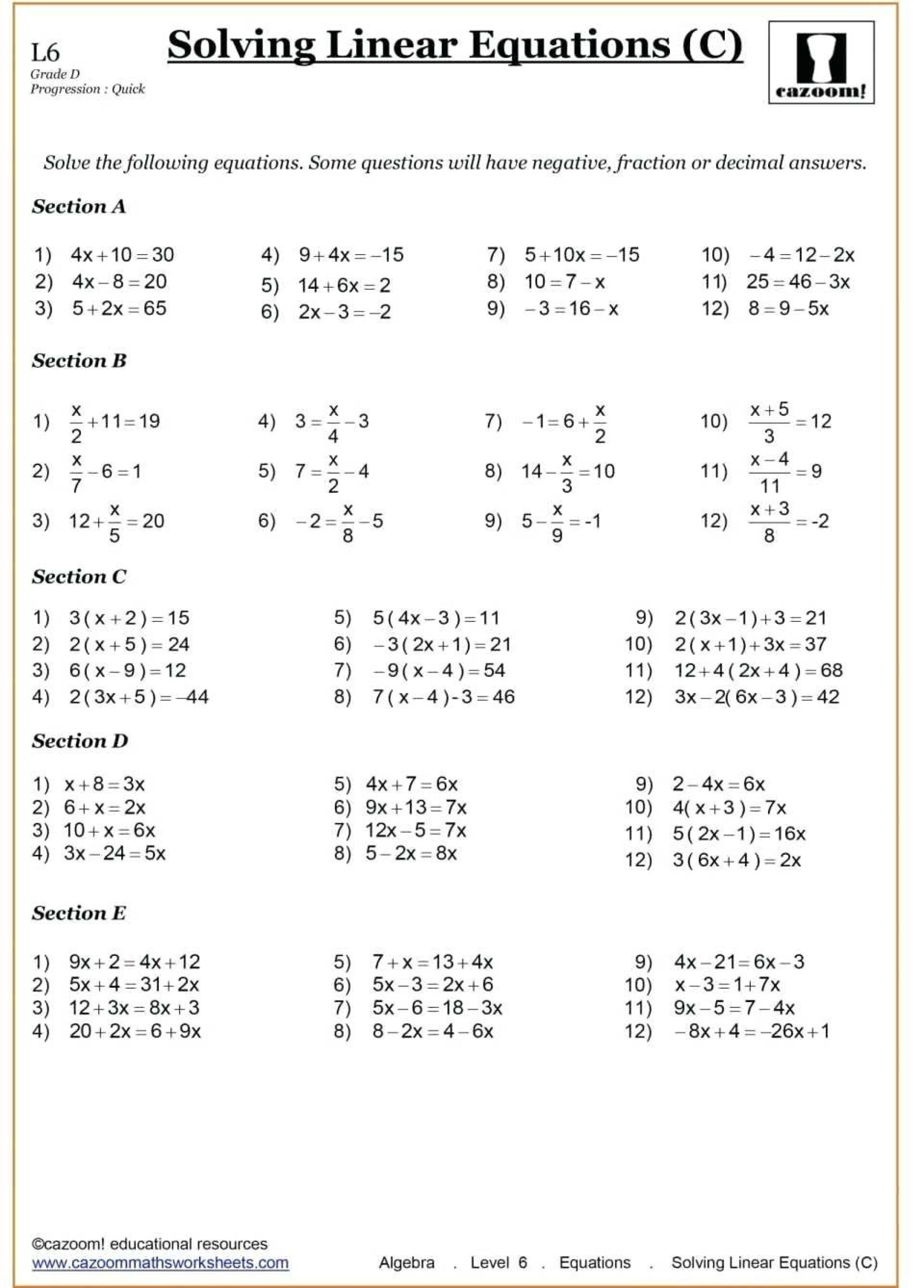 9Th Grade Algebra Worksheets 10th Grade Math Worksheets Algebra Worksheets Solving Linear Equations
