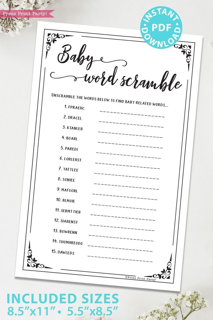 Baby Word Scramble Baby Shower Game Rustic Style Press Print Party Baby Word Scramble Printable Baby Shower Games Baby Shower Activities