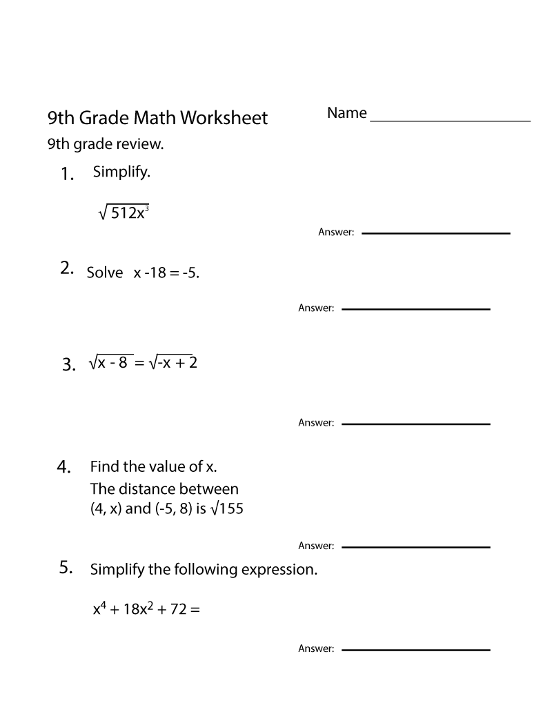 Free 9th Grade Math Worksheets Printable 9th Grade Math Math Worksheets Math Review Worksheets