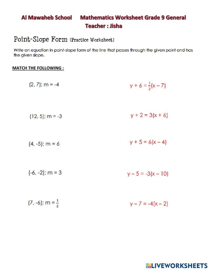 Point slope Form Worksheet