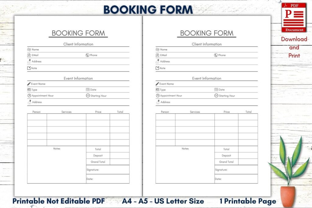 Printable Booking Form Printable Service Form Printable Etsy de