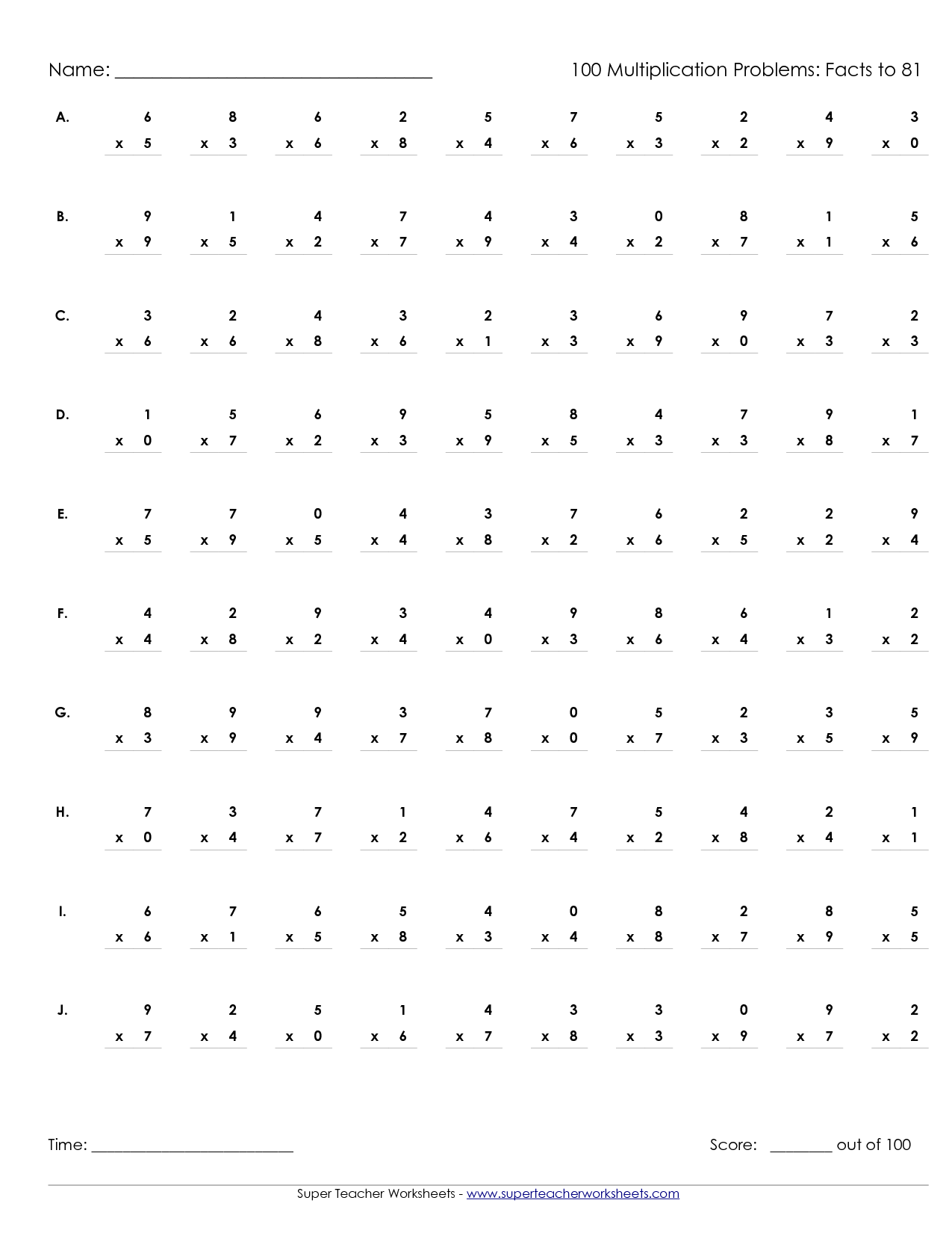 Printable Multiplication Worksheets Multiplication Timed Worksheet Multiplication Worksheets Math Worksheets Timed Multiplication