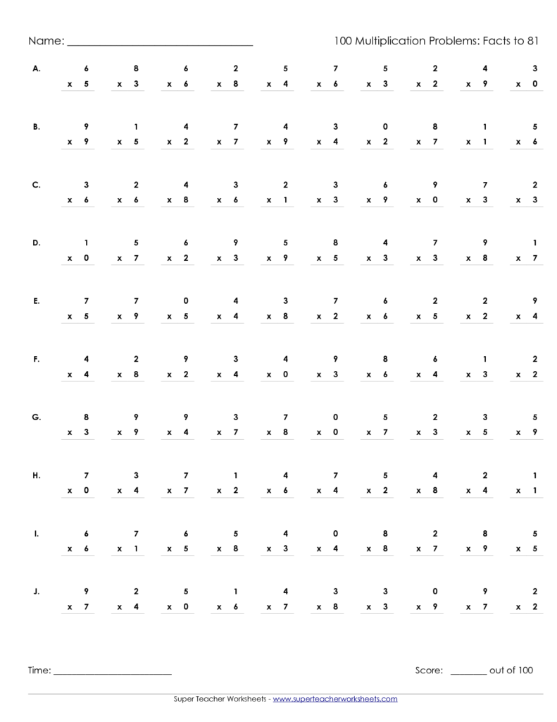 Multiplication Facts Timed Test Printable - Printable Worksheets