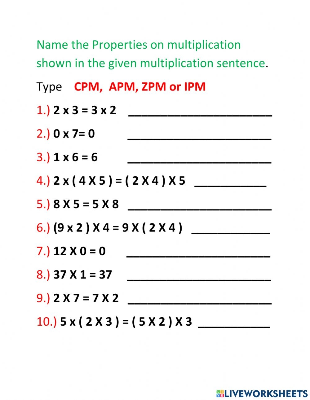 Properties Of Multiplication Worksheets