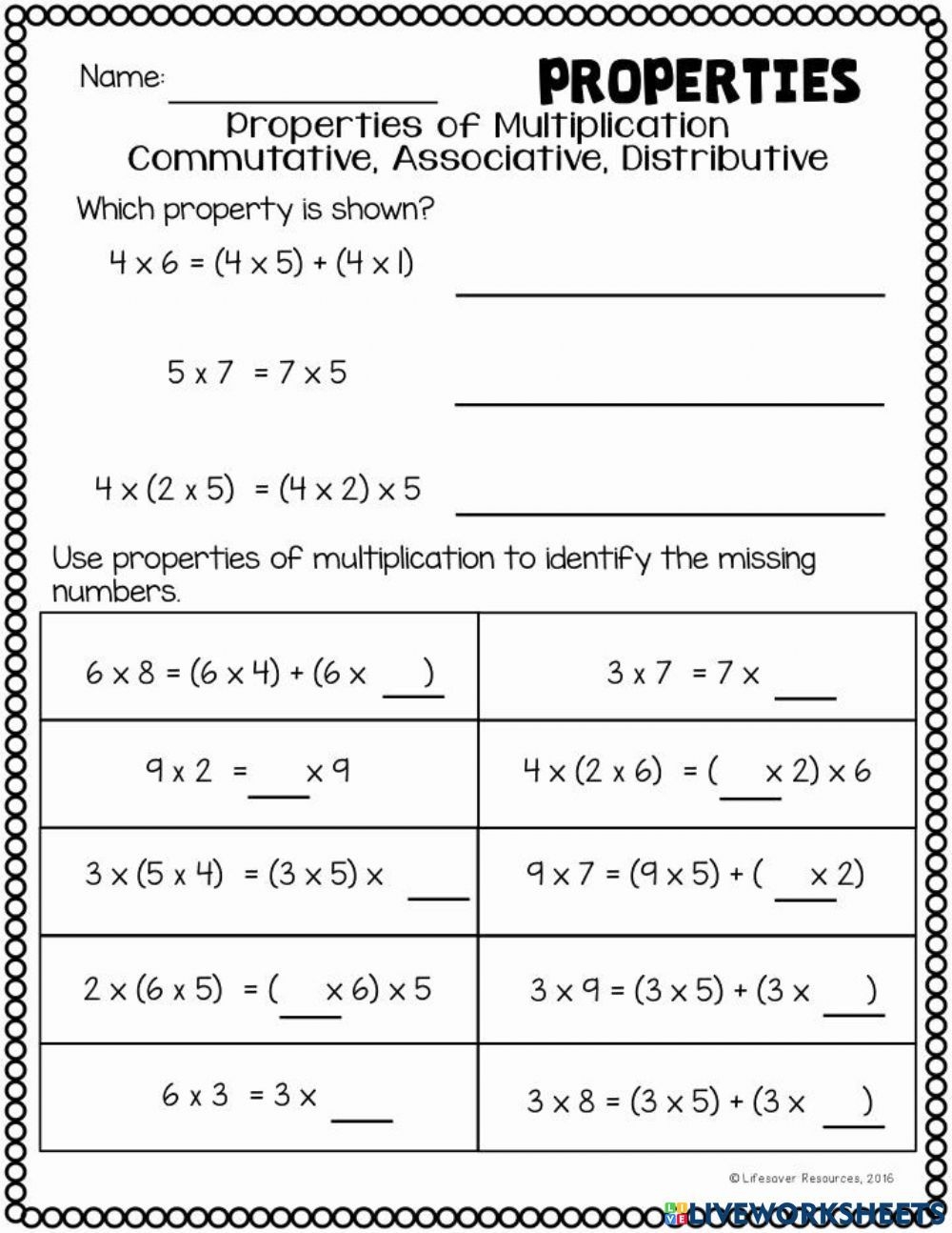 Properties Of Multiplication Worksheets Pdf