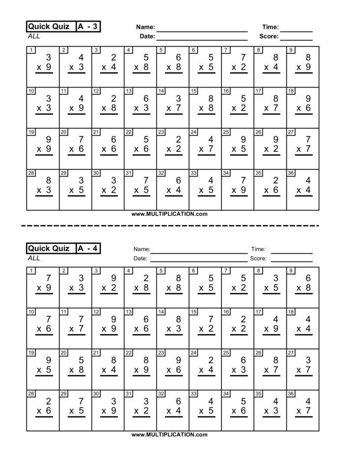 Quick Multiplication Quiz - Printable Worksheets