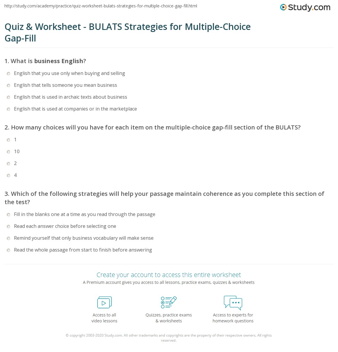 Quiz Worksheet BULATS Strategies For Multiple Choice Gap Fill Study