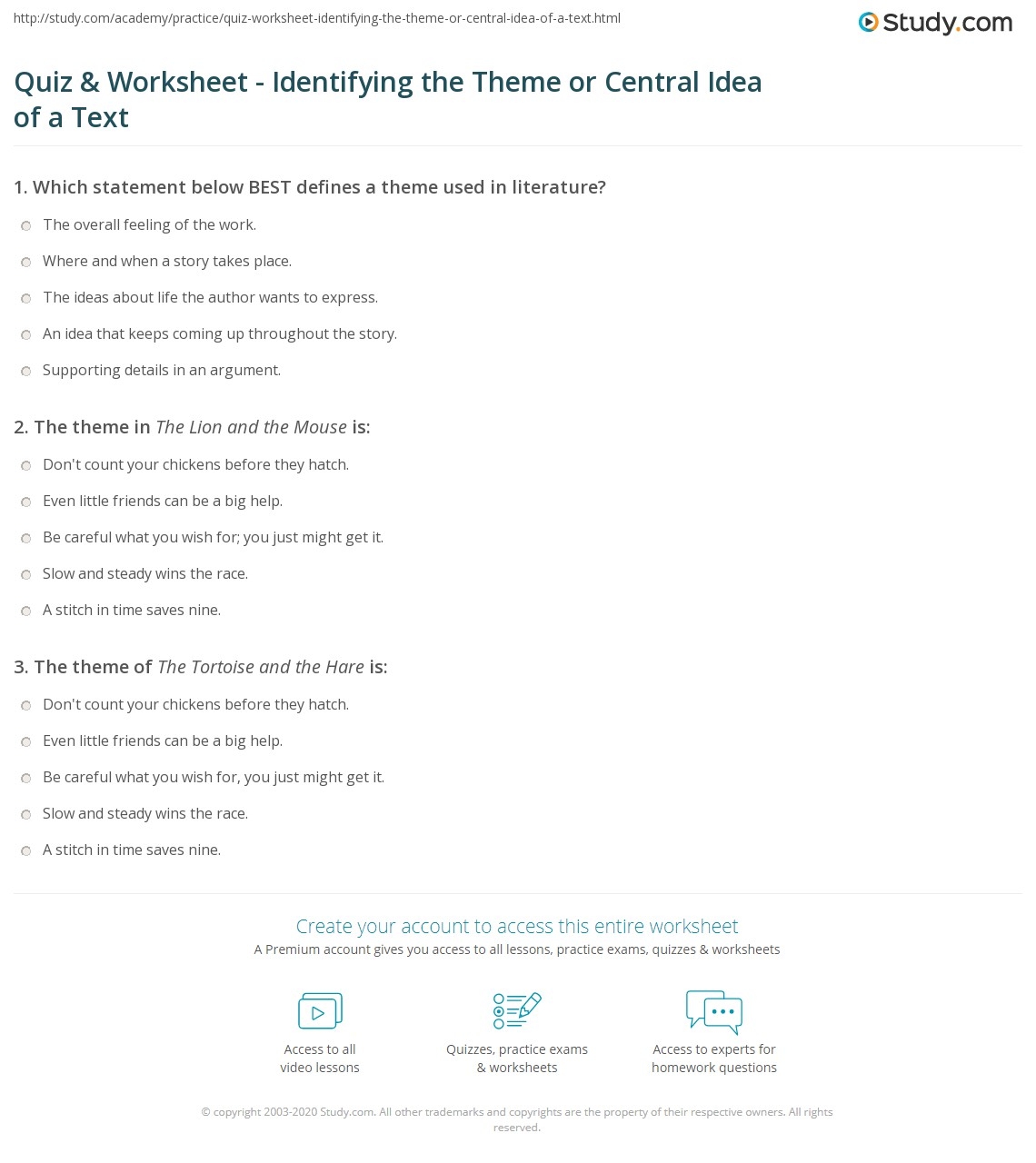 Theme Worksheets Multiple Choice