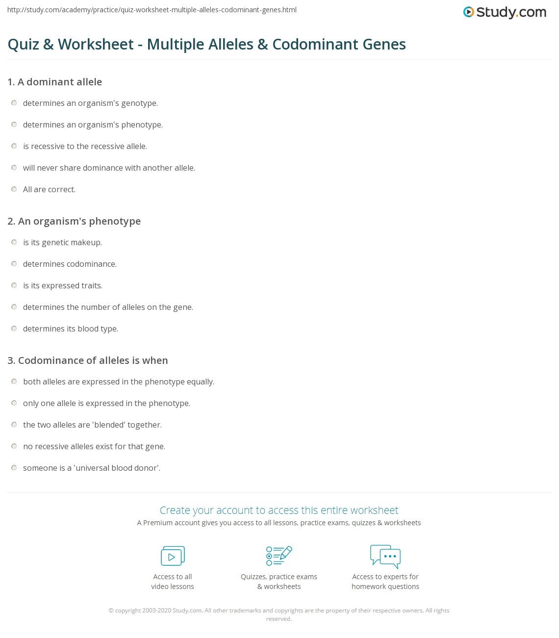 Quiz Worksheet Multiple Alleles Codominant Genes Study