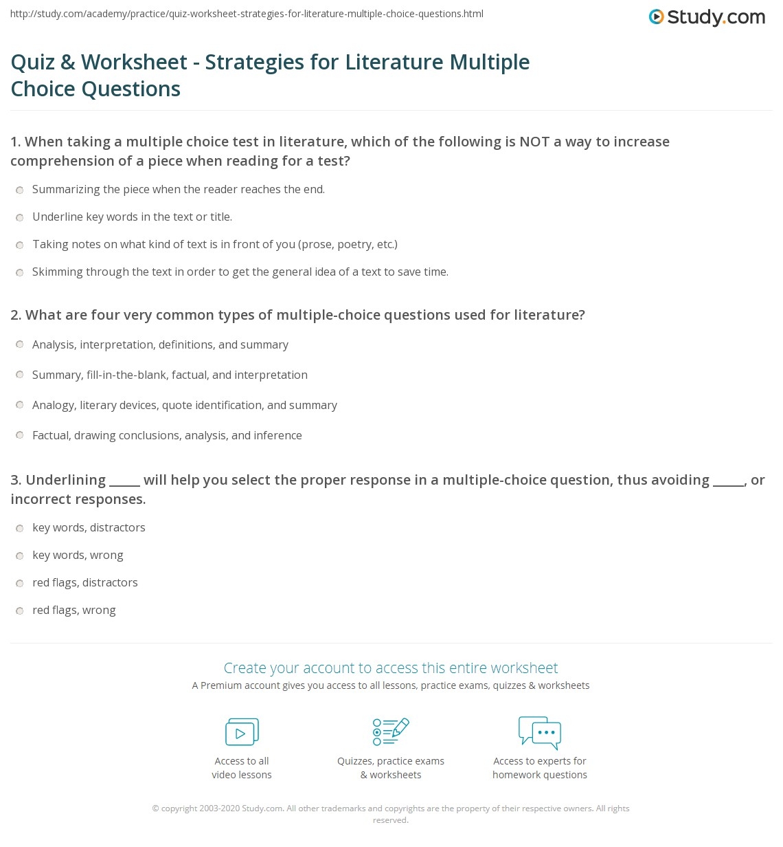 Multiple Choice Test Taking Strategies Worksheets