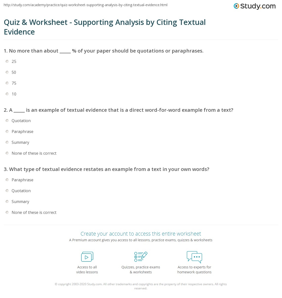 Citing Textual Evidence Multiple Choice Worksheets Pdf