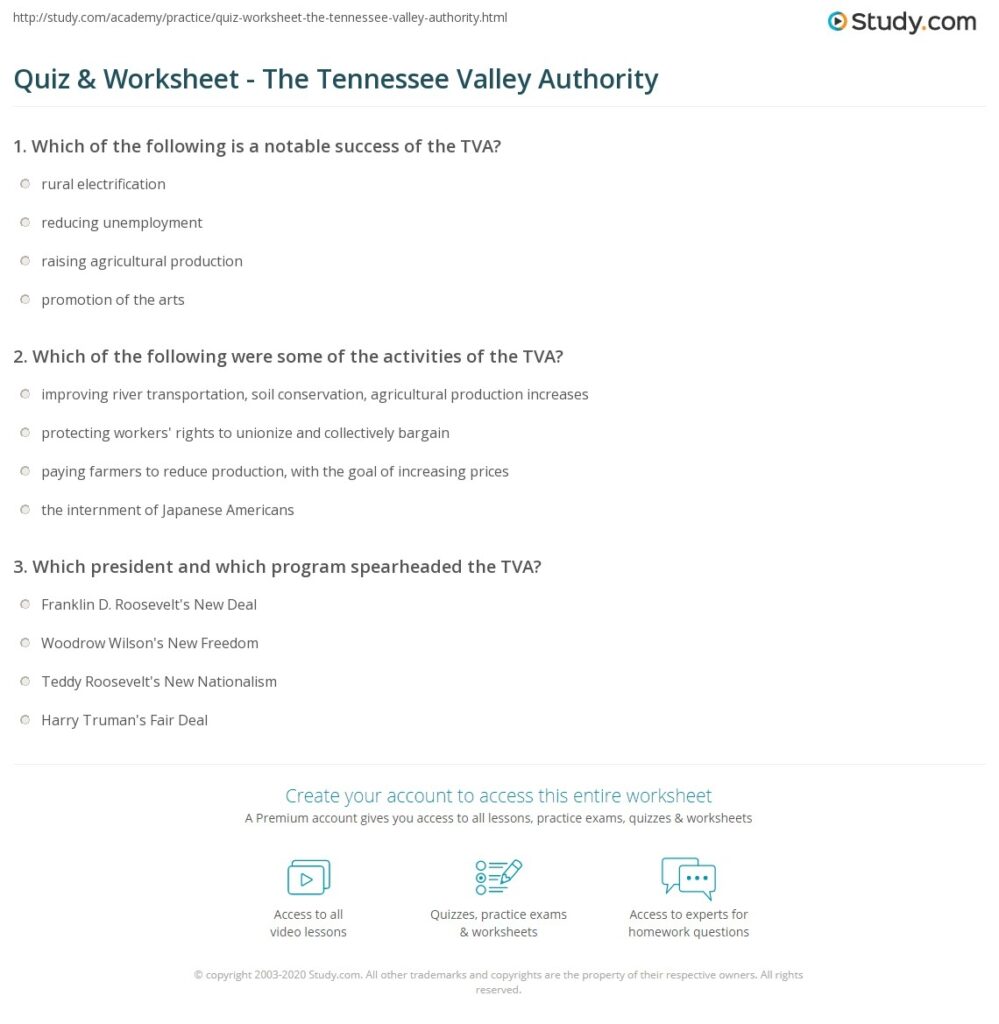Quiz Worksheet The Tennessee Valley Authority Study