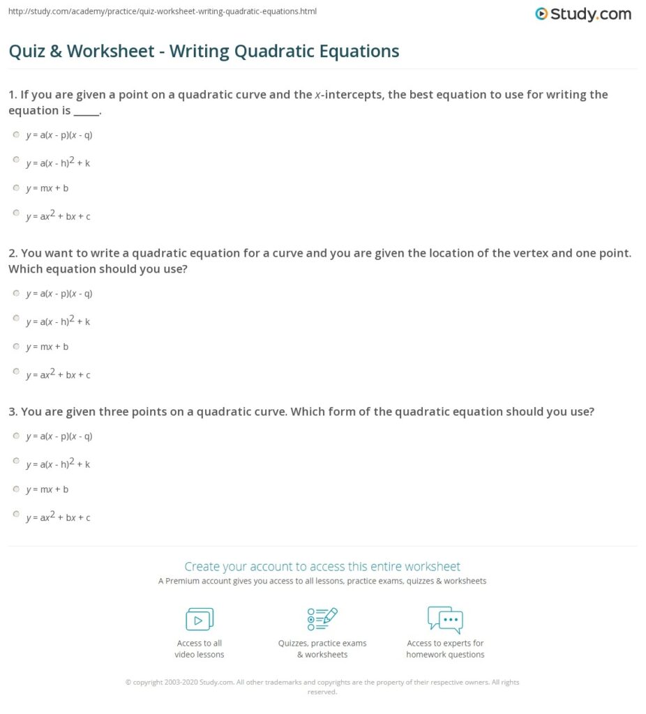 Quiz Worksheet Writing Quadratic Equations Study