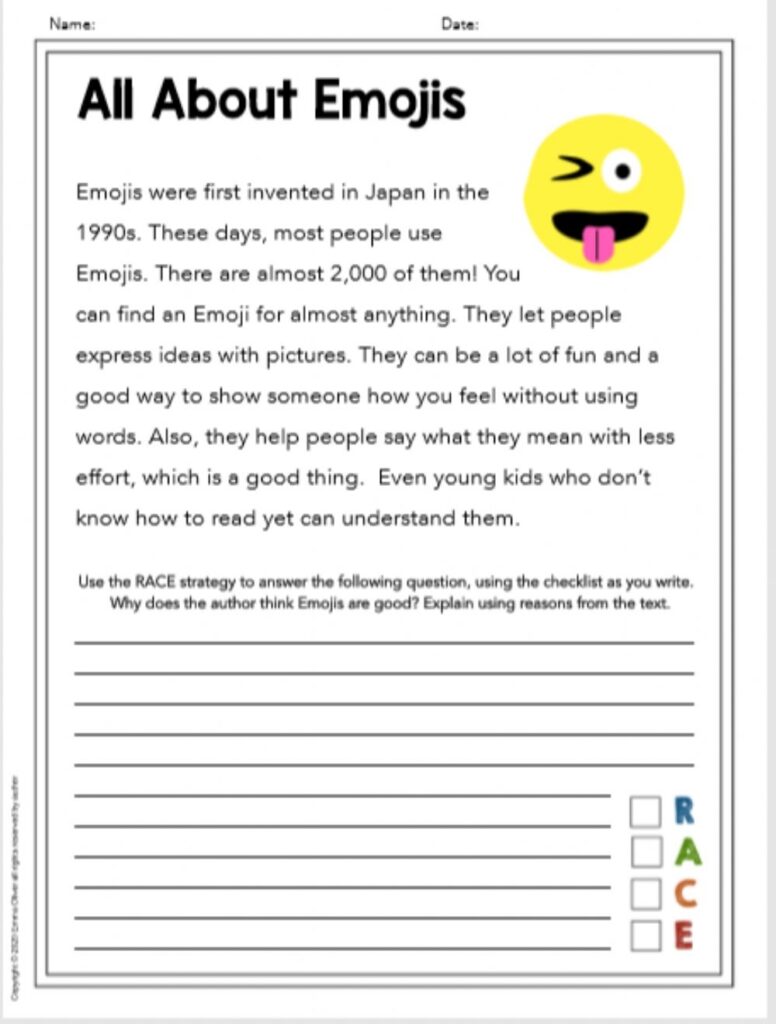 RACE Writing Practice Emoji Worksheet
