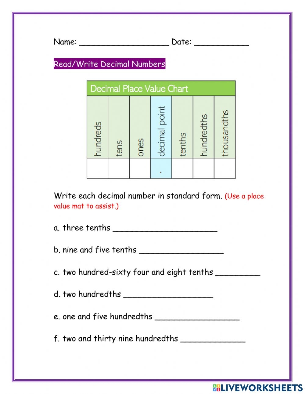 Reading Decimal Numbers Worksheet
