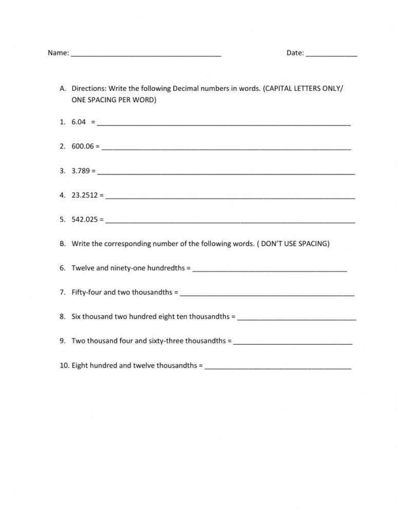 Writing Decimals In Words Worksheet