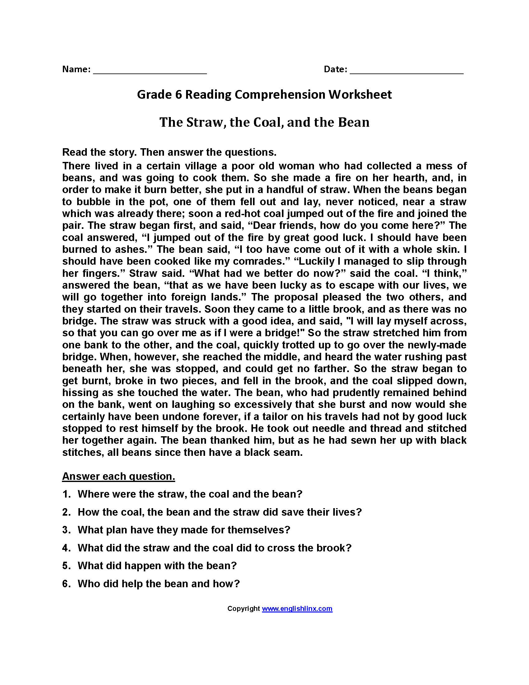 6th Grade Reading Comprehension Worksheets Multiple Choice