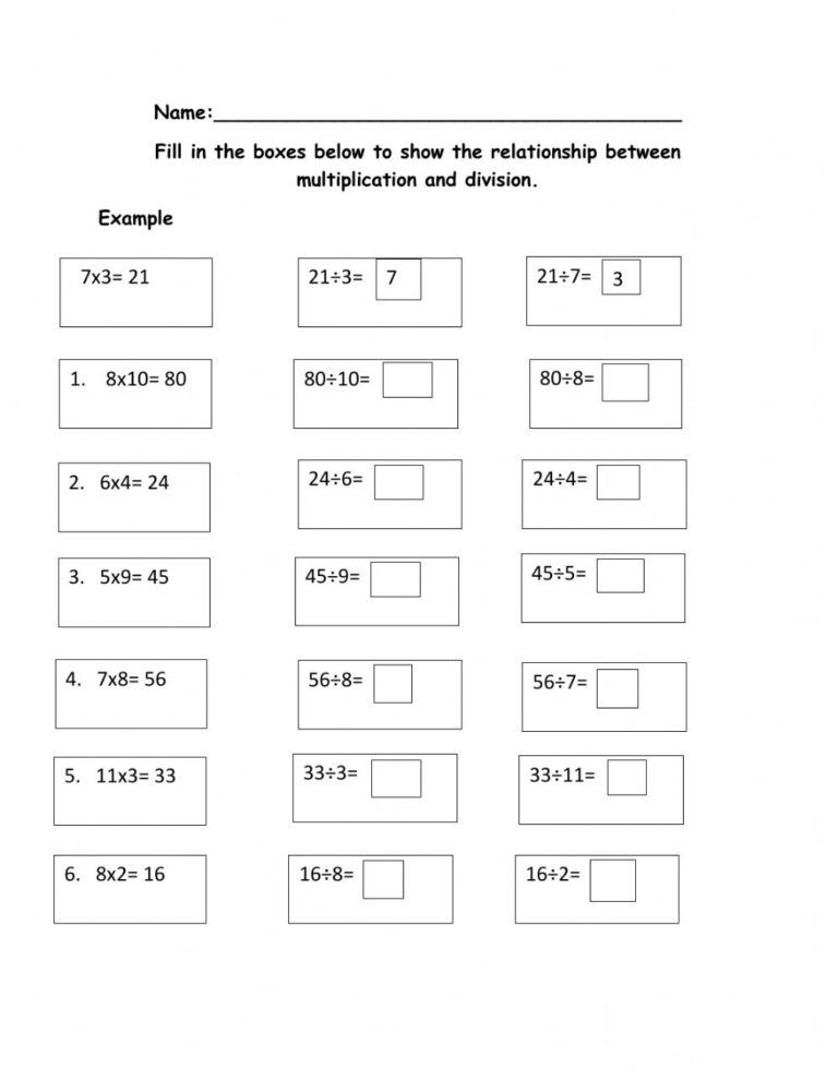 Worksheet For Relationship Between Multiplication And Division Third Grade