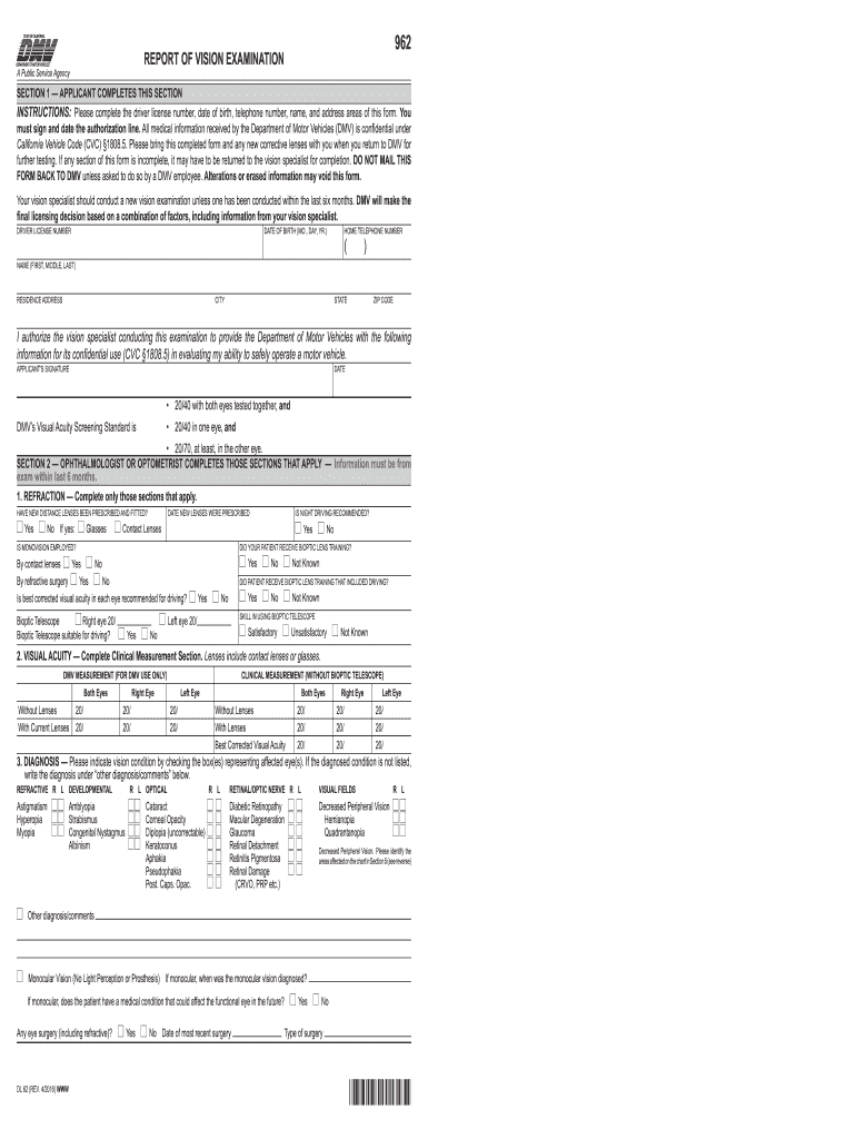Report Of Vision Examination Dl 62 Form Fill Out Sign Online DocHub