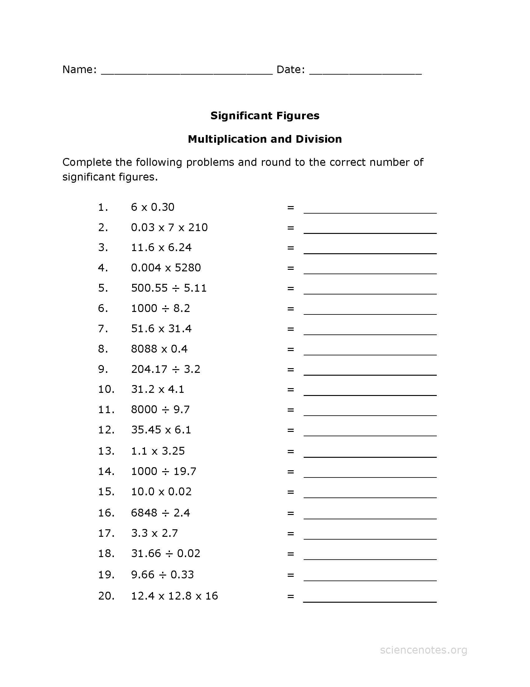 Significant Figures Multiplication Worksheet