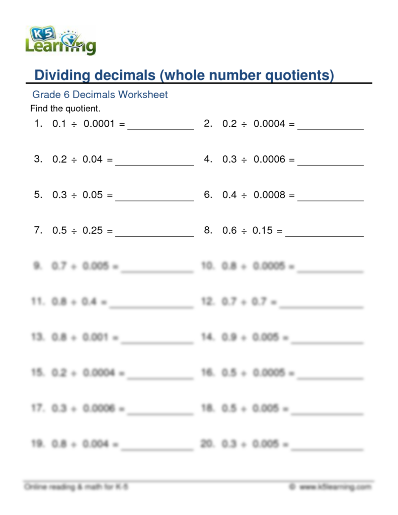 K5 Learning Dividing Decimals Printable Worksheets