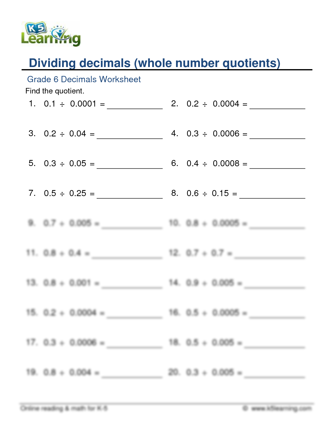 SOLUTION Grade 6 Dividing 1 Digit Decimals By A Decimal Whole Number Quotients D Studypool