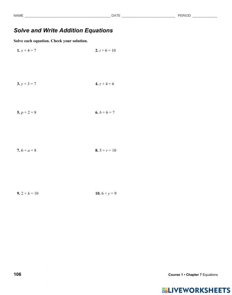 Solve And Write Addition Equations Worksheet