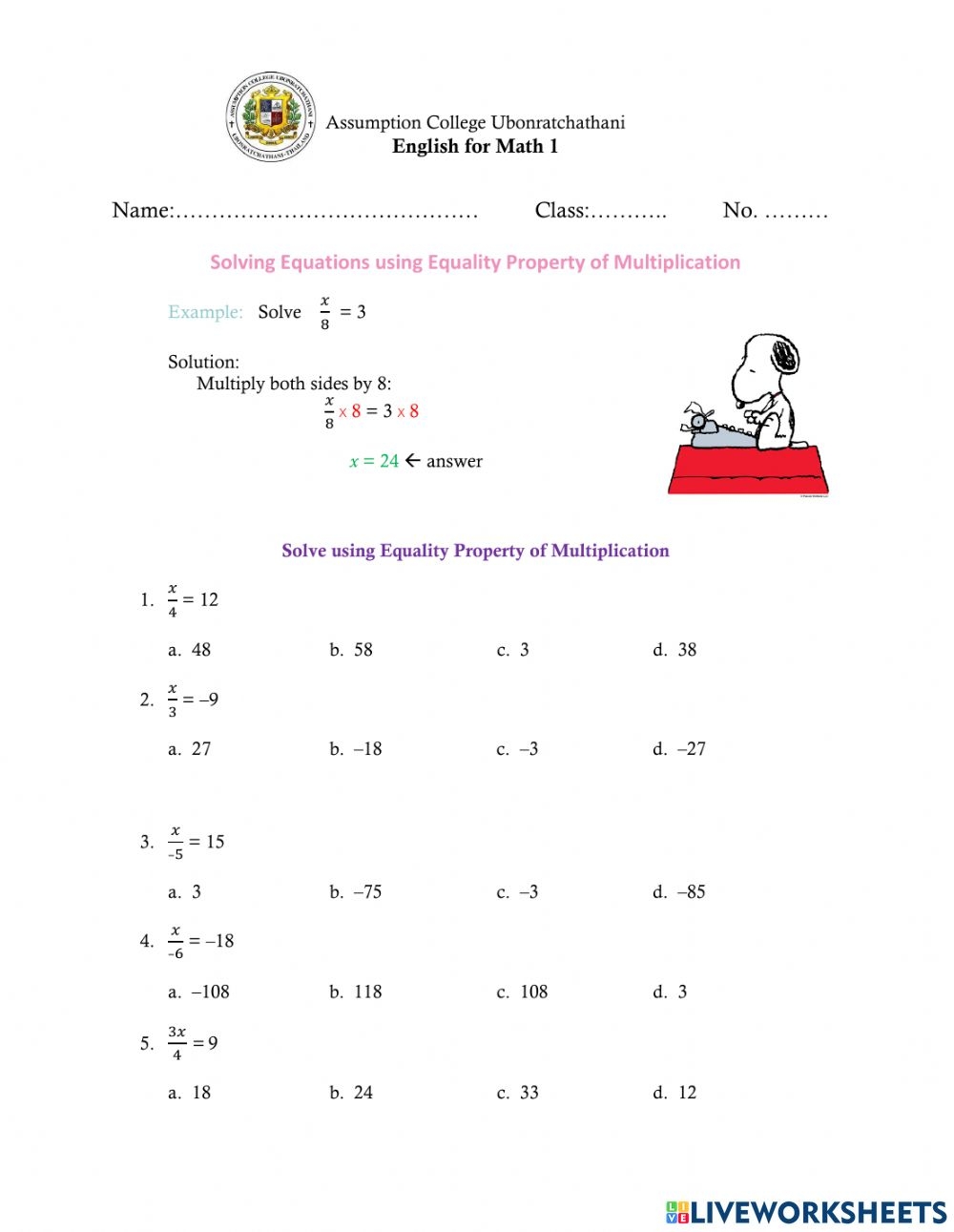 Solving Equations Using Multiplication And Division Worksheets