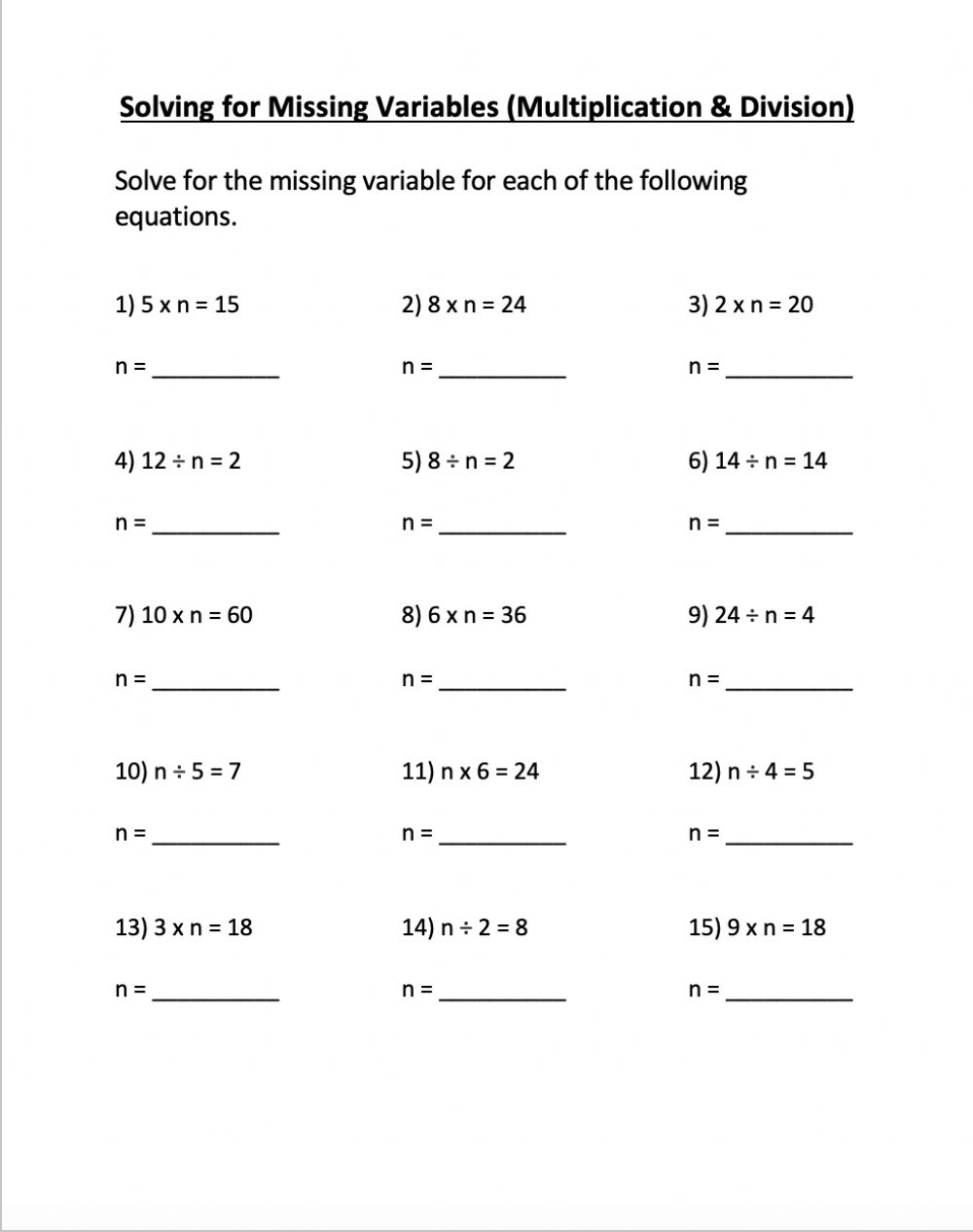 Solving For Variables Multiplication Division Worksheet