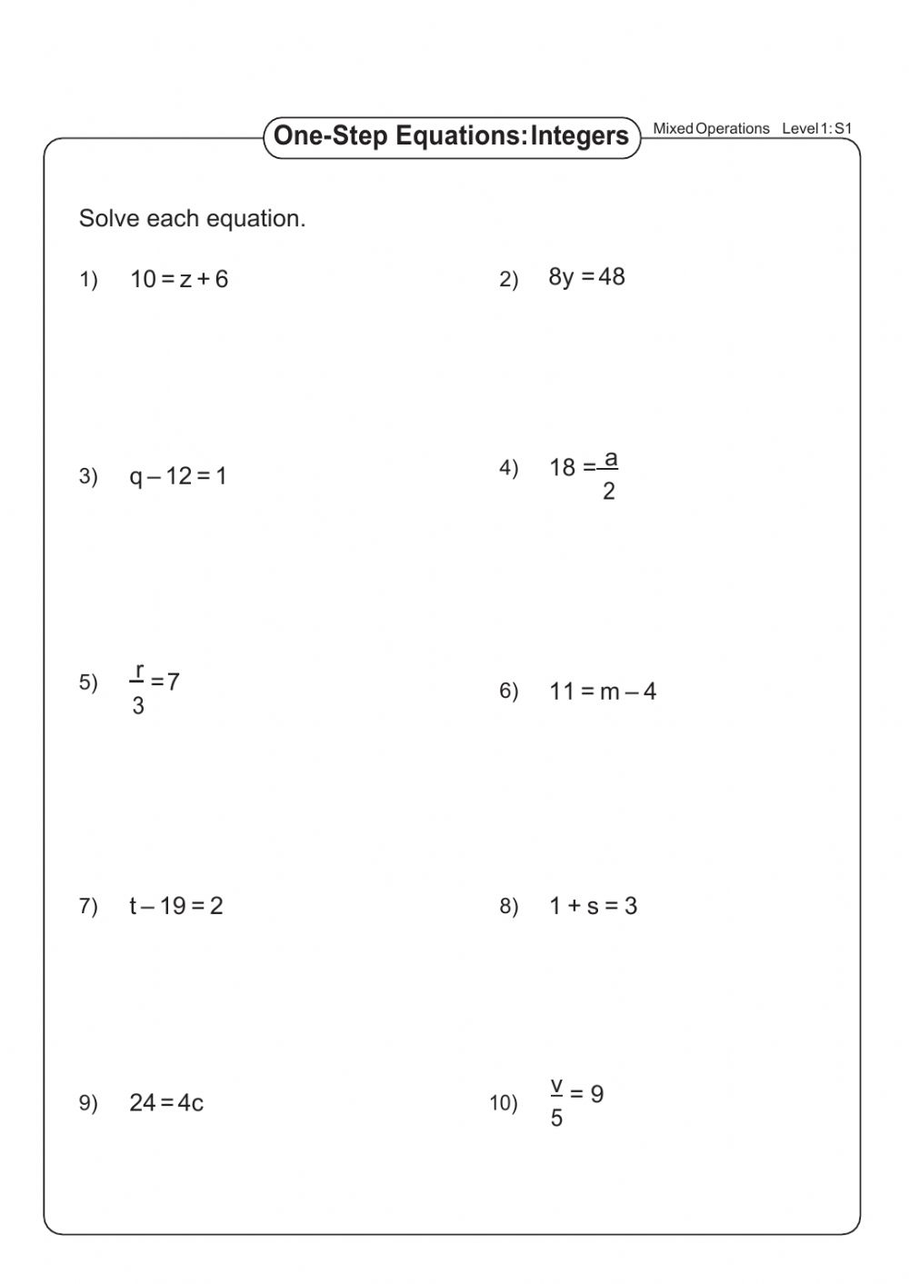 One-step Multiplication And Division Equations Worksheets