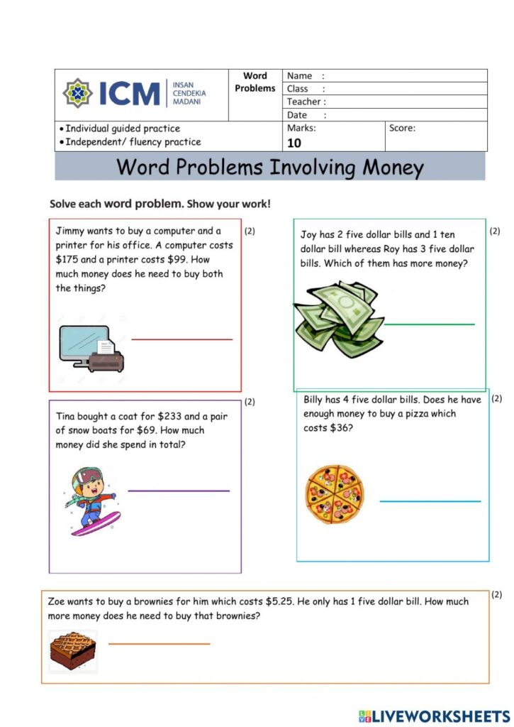 Solving Word Problems Involving Money Worksheet