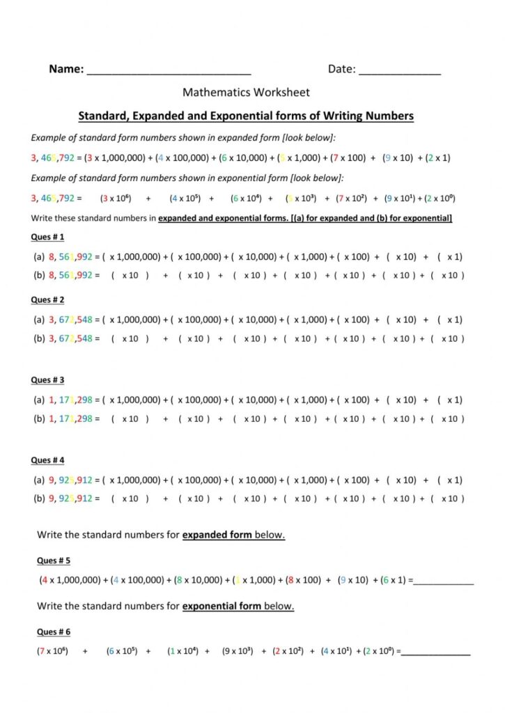 Standard Expanded And Exponential Forms Of Writing Numbers Worksheet