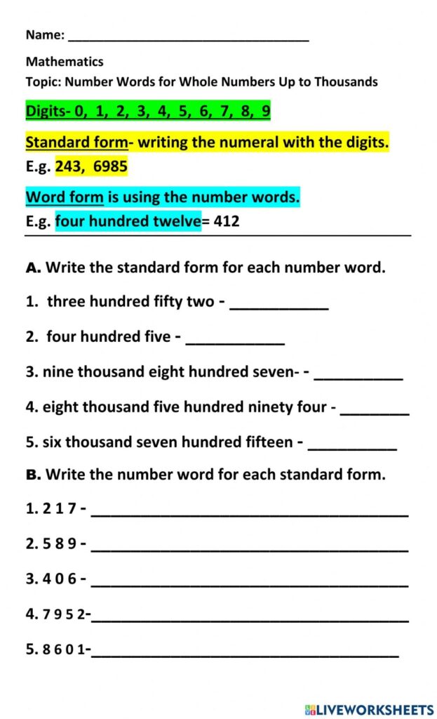 Standard Form And Word Form Of Numbers Worksheet
