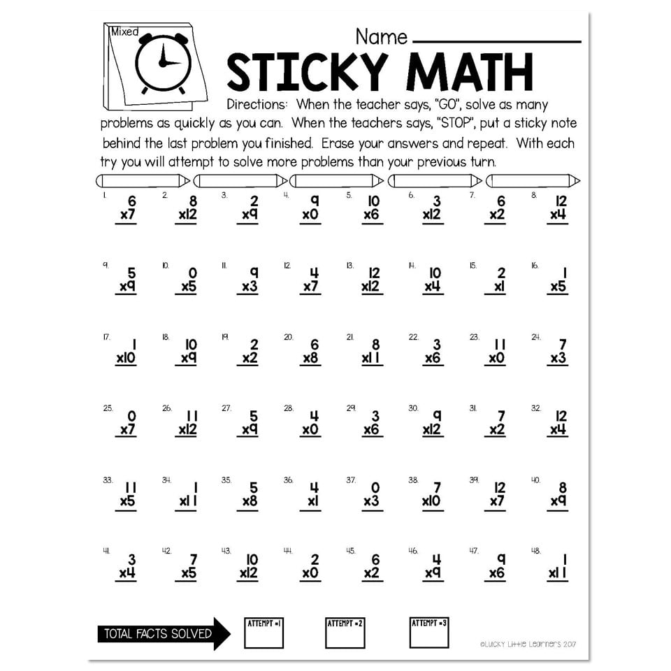 Sticky Math Fact Fluency Practice Multiplication Mixed X Lucky Little Learners