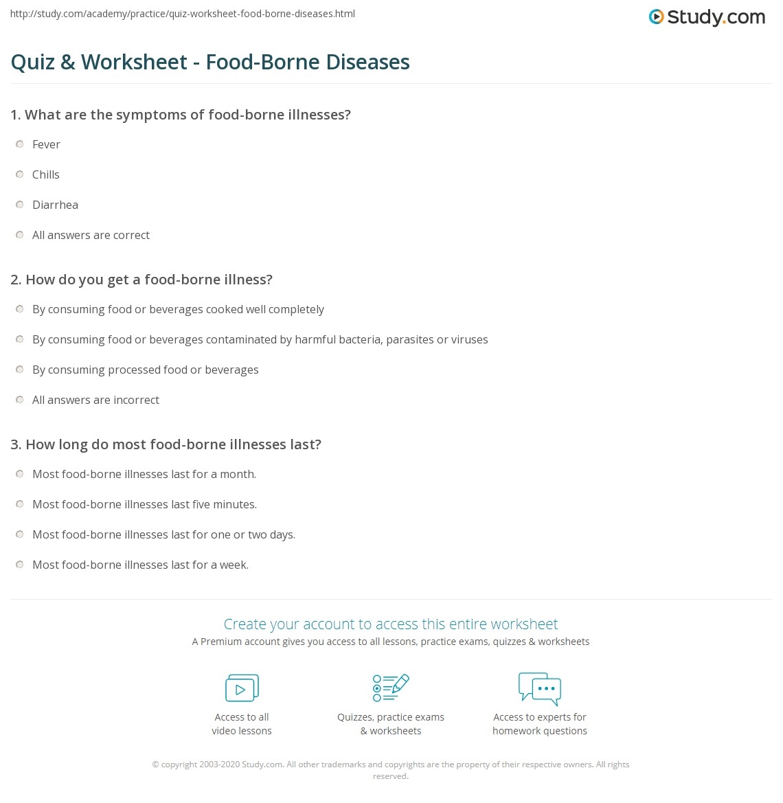 Quiz Worksheet Food Borne Diseases Study