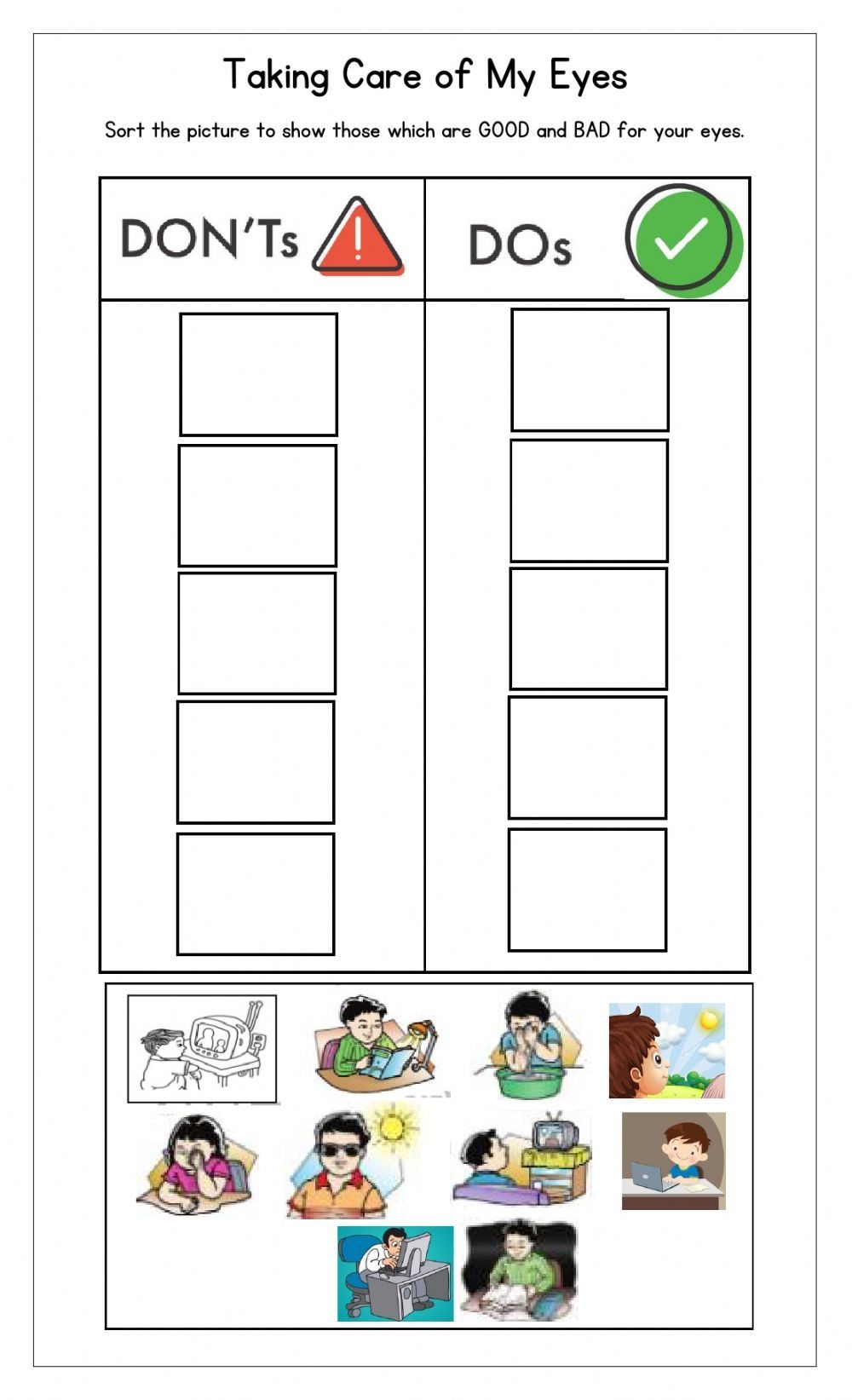 Taking Care Of My Eyes Interactive Worksheet Eye Lesson English Worksheets For Kids Daily Lesson Plan