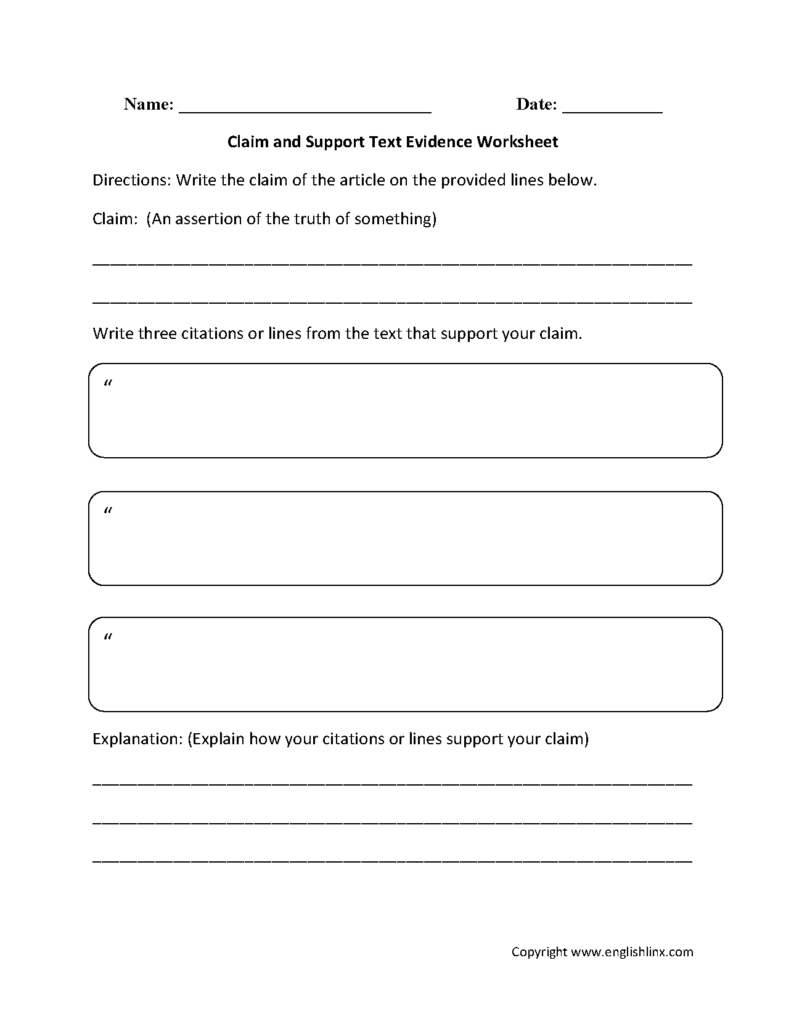 Text Evidence Worksheets Claim And Support Text Evidence Worksheets