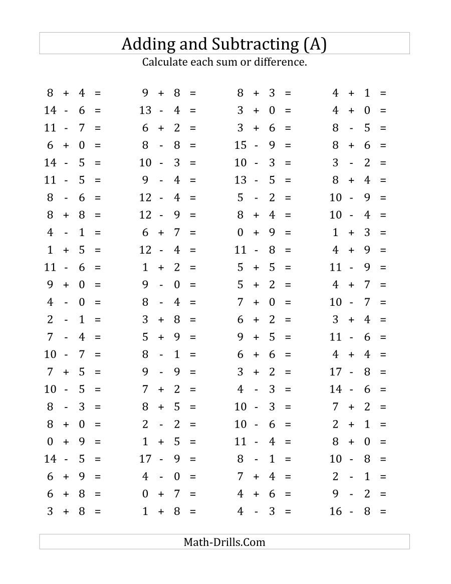 The 100 Horizontal Addition Subtraction Questions Facts 0 To 9 A Math Works Subtraction Worksheets Addition And Subtraction Worksheets Math Fact Worksheets
