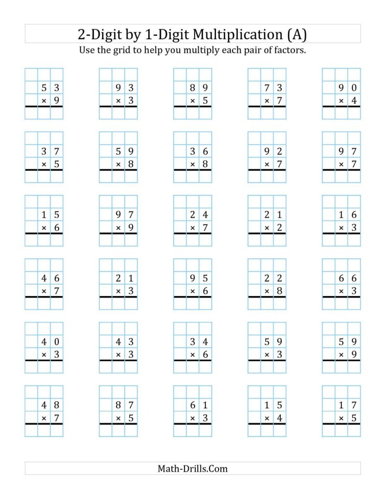 2 digit by 1 digit multiplication worksheets with grids printable