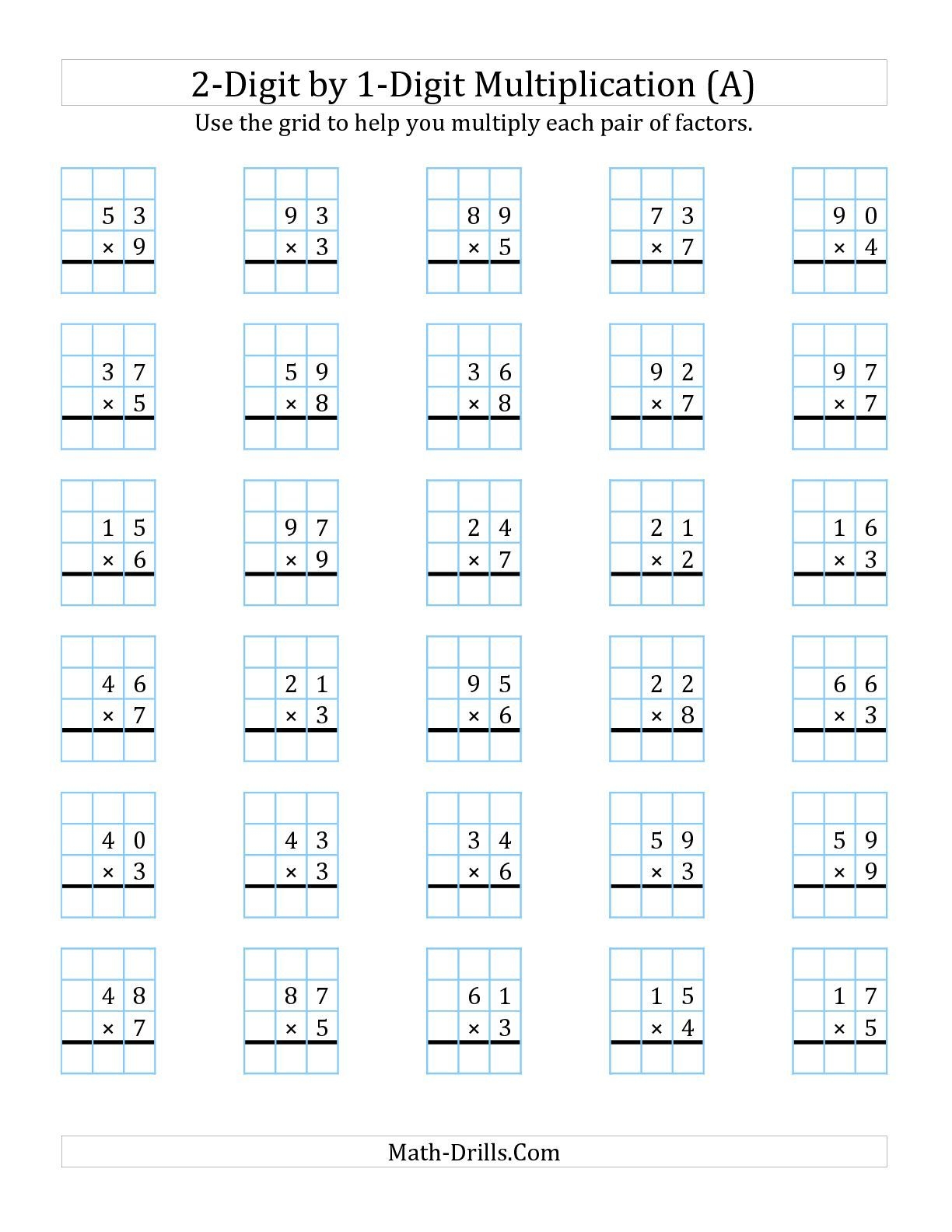 The 2 Digit By 1 Digit Multiplication With Grid Support A Math Worksheet From The Lon Multiplication Worksheets Multiplication Math Multiplication Worksheets