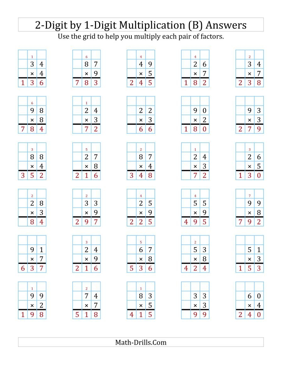 2-digit By 1-digit Multiplication Worksheets With Grids