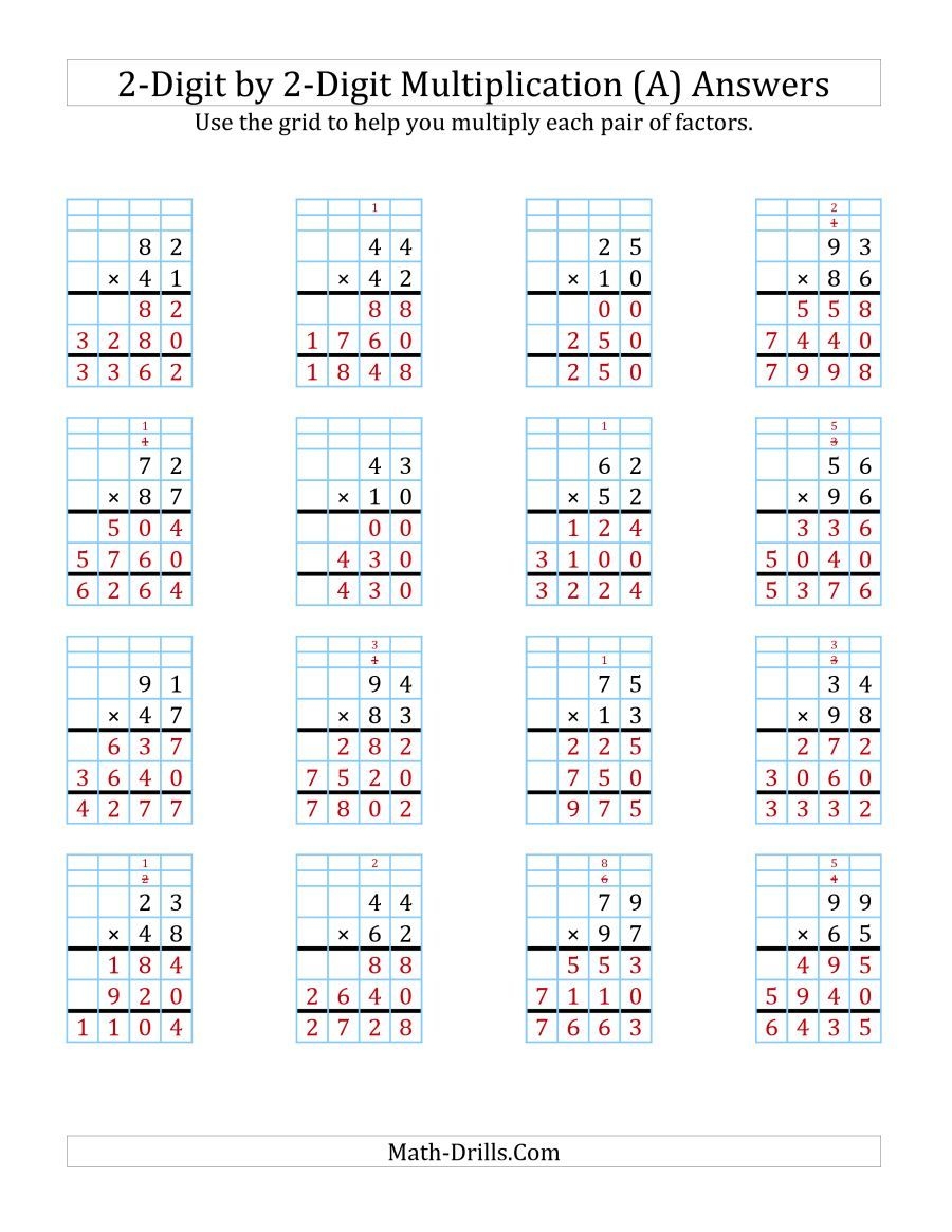 The 2 Digit By 2 Digit Multiplication With Grid Support A Math Worksheet Page 2 Multiplication Worksheets Multiplication Math Fact Worksheets