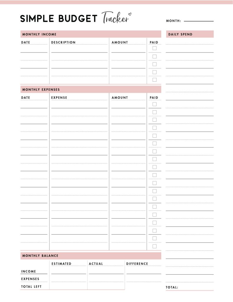 Daily Budget Worksheet Printable
