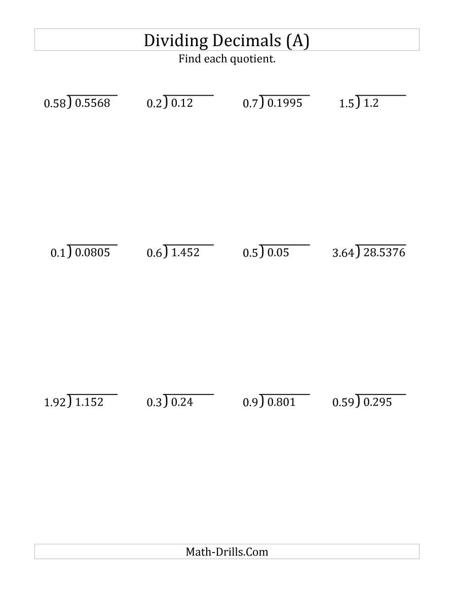 The Dividing Decimals By Various Decimals With Various Sizes Of Quotients A Math Worksheet From The Dividing Decimals Decimals Worksheets Division Worksheets