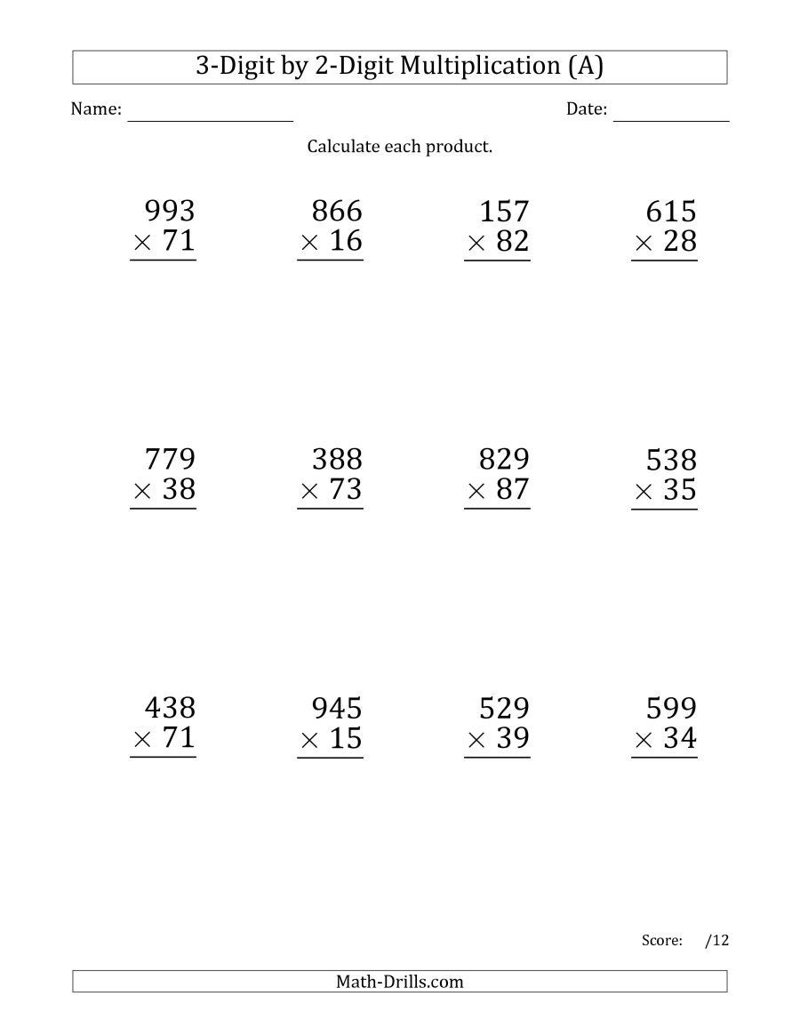 The Multiplying 3 Digit By 2 Digit Numbers Large Print A Math Worksheet From The Long Multiplication Worksheets Multiplication Double Digit Multiplication