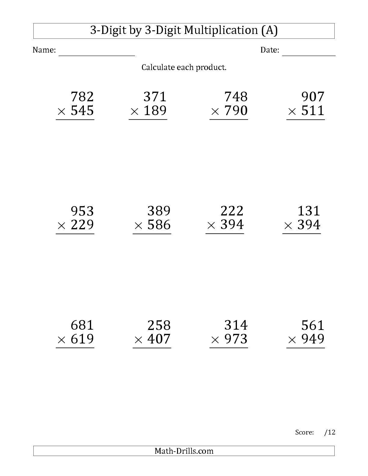 The Multiplying 3 Digit By 3 Digit Numbers Large Print A Math Worksheet From The Long Multipl Multiplication Worksheets Math Fact Worksheets Multiplication
